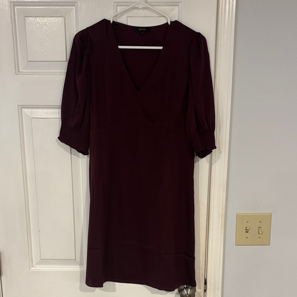 Quince Deep Plum V-Neck Puff Sleeve Dress